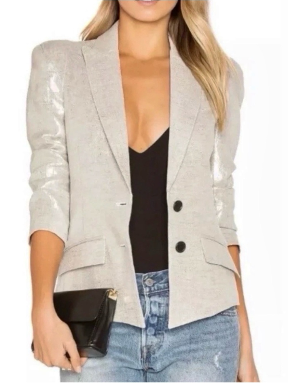 Smythe Linen Metallic Pagoda 3/4 Sleeve Two-Button Blazer Jacket Size UK 8 US 4